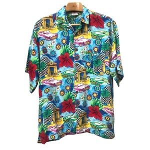 Pineapple Moon XXL Hawaiian Shirt Colorful Convertible Cars Flowers Race Miami